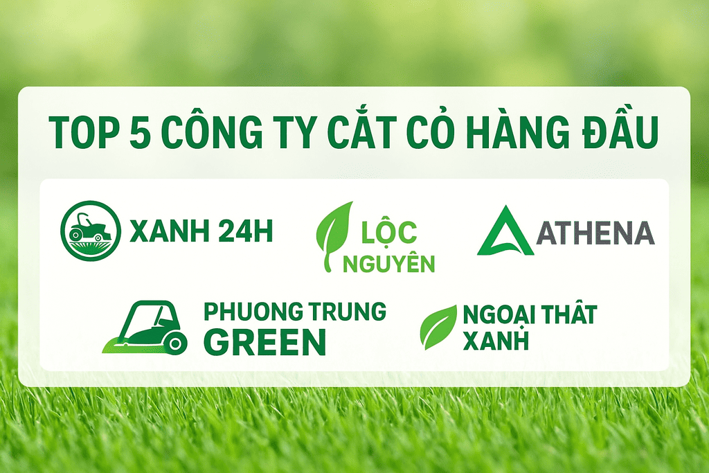 Top 5 công ty cắt cỏ hàng đầu gồm XANH 24H, Lộc Nguyên, Phương Trung Green, Athena, Ngoại Thất Xanh và Đại Phúc