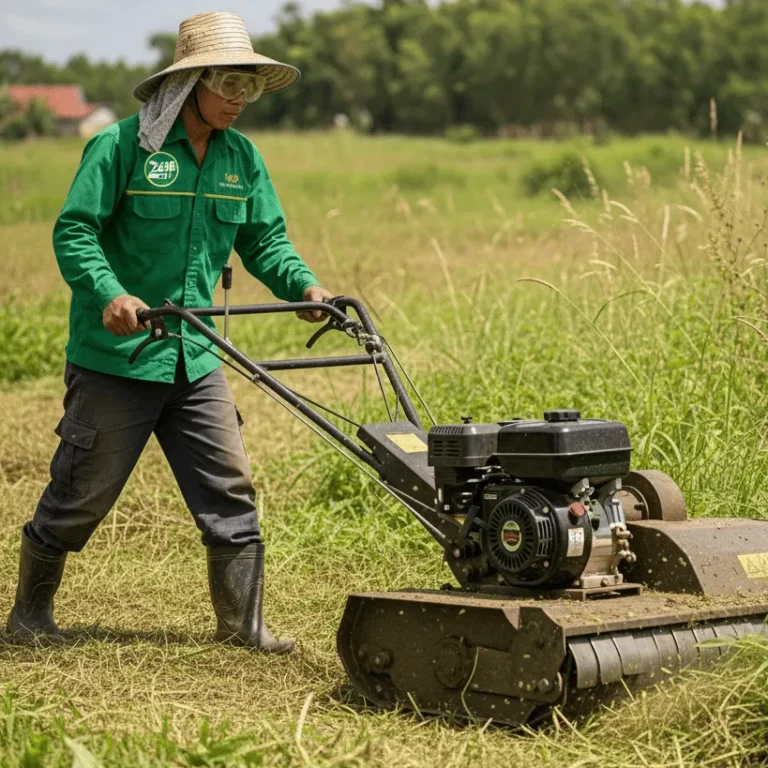 Công nhân cắt cỏ bằng máy cắt cỏ đẩy tay trên bãi cỏ